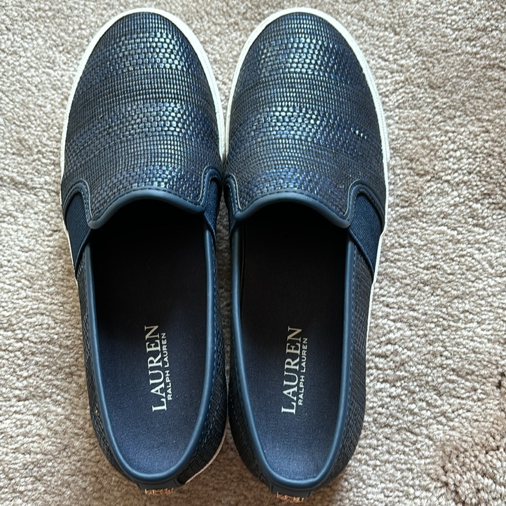 Ralph Lauren Navy Strip Texture Faux Straw Sneakers. - Picture 6 of 7